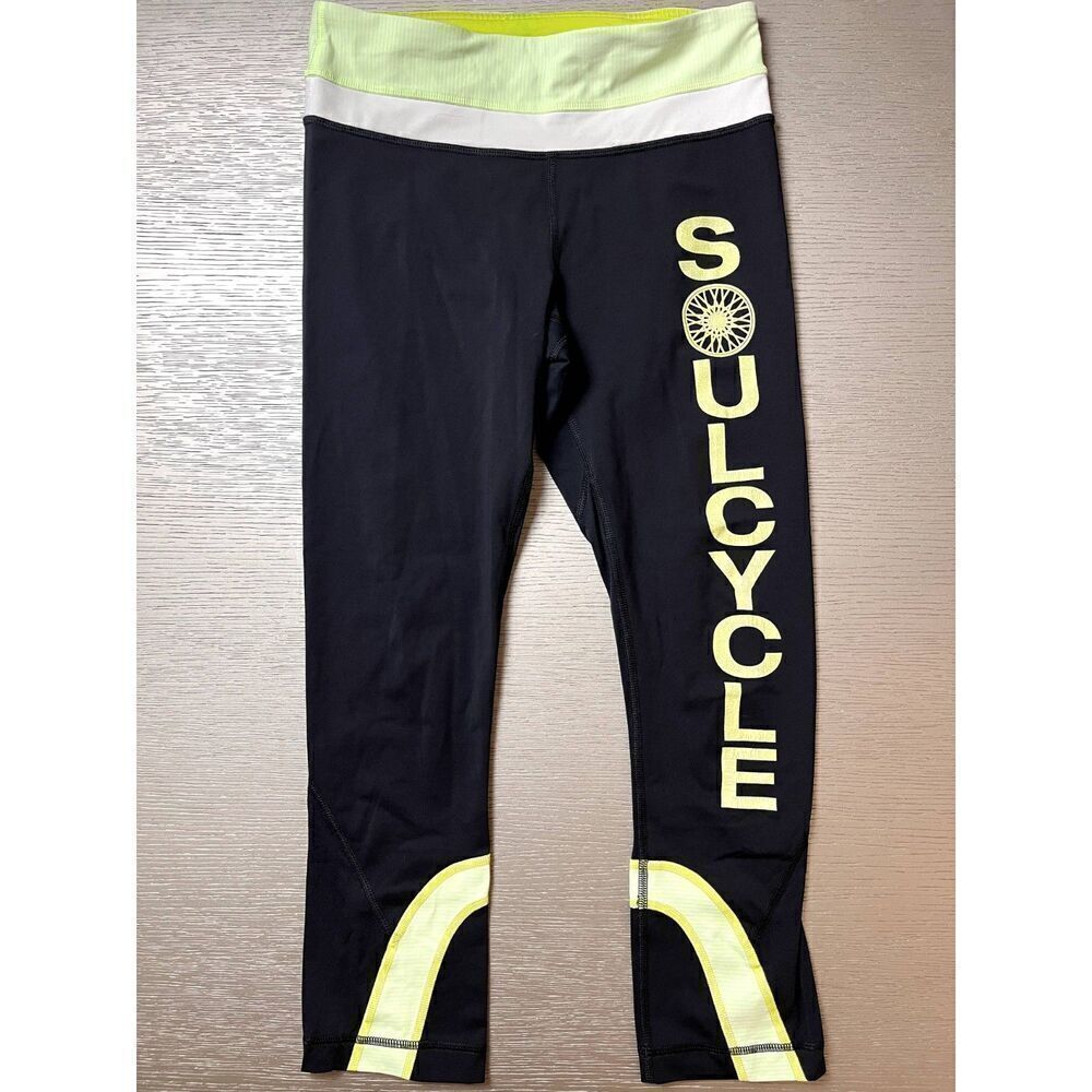 Lululemon Soul Cycle Inspire Crop II Black /Tonka Stripe Clear Mint White Size 4